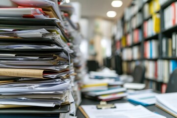 Piles of paperwork and folders in office room. The concept of workaholism, an emergency at work