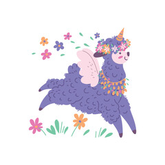 Running cute alpaca with wings and horn flat style, vector illustration