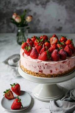 A cream cake topped with fresh strawberries, elegantly presented on a classic white cake stand, with a backdrop of softly lit flowers in a vase