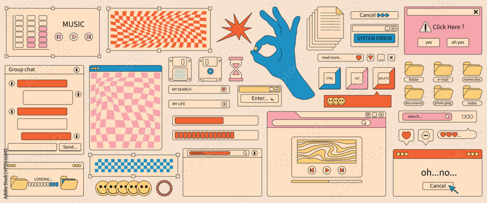 Aufkleber set of web design user interface in y2k style. retro elements icons, buttons, computer screen, folde
