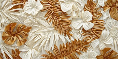 Golden Jungle Dreams: Luxurious Embroidery Design with Abstract Botanicals and Florals in White and Gold Palette
