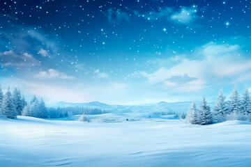 Fototapeta premium Winter snowy background, landscape with white snowdrifts and snowflakes