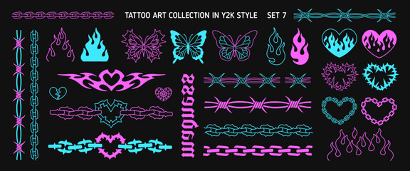 Neon Y2k Tattoo art stickers in 90s - 00s style. Butterfly, barbed wire, neo tribal ornament , chain heart, neon tattoo style. Chain frame. Barbed wire. Vector designs in glow pink and blue style	
