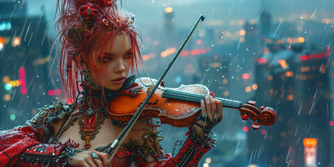 a luxury cyberpunk woman playing violin in a futuristic city in the night