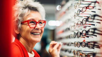 Elderly woman choosing reading glasses in optical shop - obrazy, fototapety, plakaty