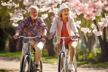 Youthful and playful happy senior old couple enjoy outdoor leisure activity riding bikes in spring cherry blossom park. Elderly Man woman in healthy active lifestyle. Retired people using bicycle