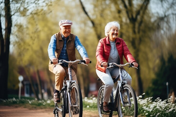 Youthful and playful happy senior old couple enjoy outdoor leisure activity riding bikes in spring cherry blossom park. Elderly Man woman in healthy active lifestyle. Retired people using bicycle