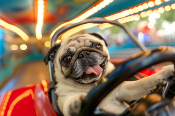 Fototapeta na wymiar Cruising Canine: Pug’s Selfie Expedition in a Bumper Car