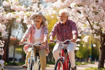 Youthful and playful happy senior old couple enjoy outdoor leisure activity riding bikes in spring cherry blossom park. Elderly Man woman in healthy active lifestyle. Retired people using bicycle - obrazy, fototapety, plakaty