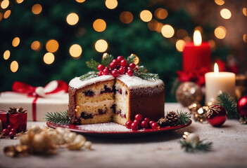 Fototapeta na wymiar A traditional Christmas fruitcake with powdered sugar topping and holly berry garnish, surrounded by holiday decorations and soft bokeh lights