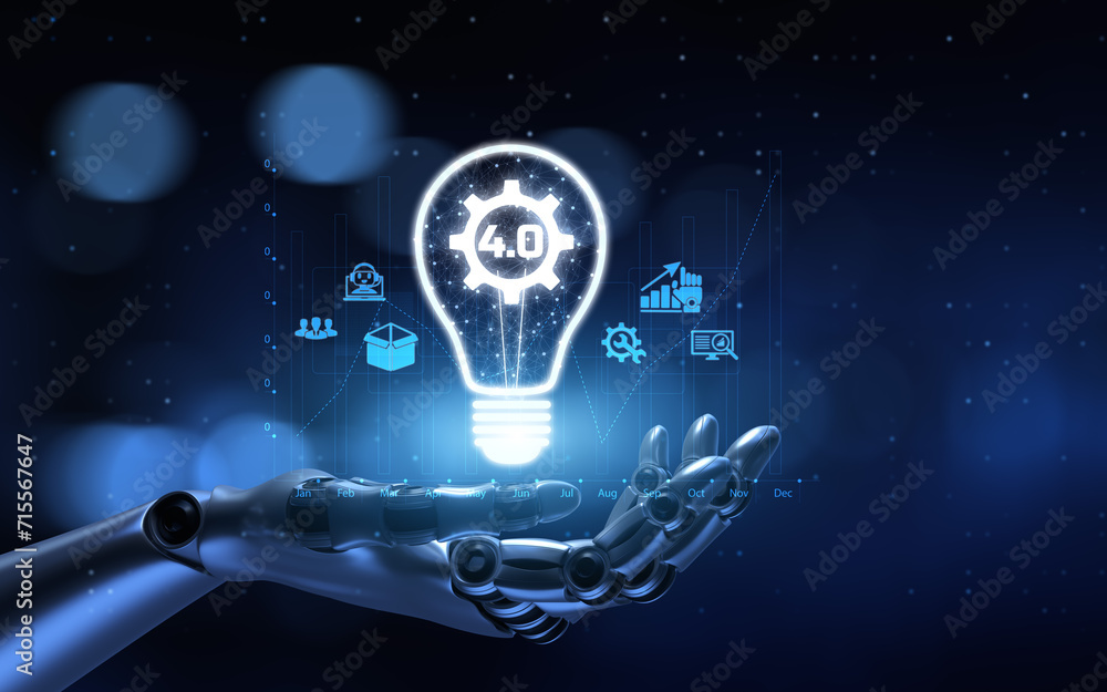 Poster industry 4.0 smart manufacturing lean business innovation technology concept. robot hand pressing bu