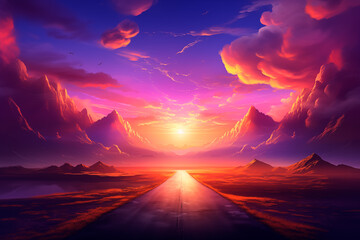 drawn road into sunset, sky with clouds