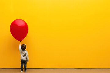 a small child is holding a red balloon on a yellow background and given space for text