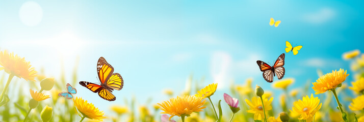 Fototapeta na wymiar spring yellow flowers outside and butterflies against blue sky