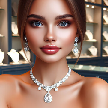 Magic beautiful model stands in mirror in a jewelry store tries on a gold diamond necklace that sparkles on the girl. Girl is adorned with golden jewelry and diamonds in a luxurious boutique.