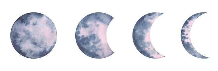 Moon, full moon, new moon isolated on a white background, hand-drawn. Watercolor illustration of the phases of the moon, satellite, planet. An element for design and decoration. A texture spot 