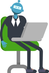 Robot Worker Character Working on Laptop
