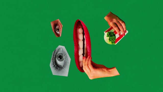 Healthy snack. Woman eating green beans instead popcorn over green background. Big mouth and eyes. Stop motion, animation. Contemporary art. Concept of food, surrealism. Pop art. Vertical layout