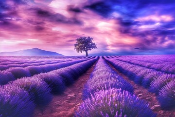 Lavender field and lonely tree at sunset against the background of mountains, Provence, France. Lavender field in region