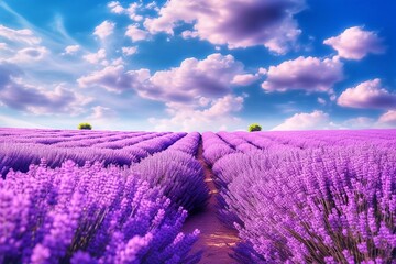 Beautiful purple lavender field on a sunny day in Provence, France. Nature background. Lavender field and sky