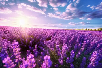 Obraz premium Sunrise over a lavender field. Lavender flowers on a lavender field