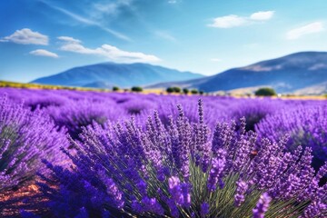 Lavender field and mountains in the background. Beautiful landscape with lavender flowers.