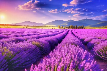 Blooming purple lavender flowers in a farm field against the background of mountains