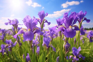 Purple iris flowers on green meadow with blue sky background. Flowers in the field