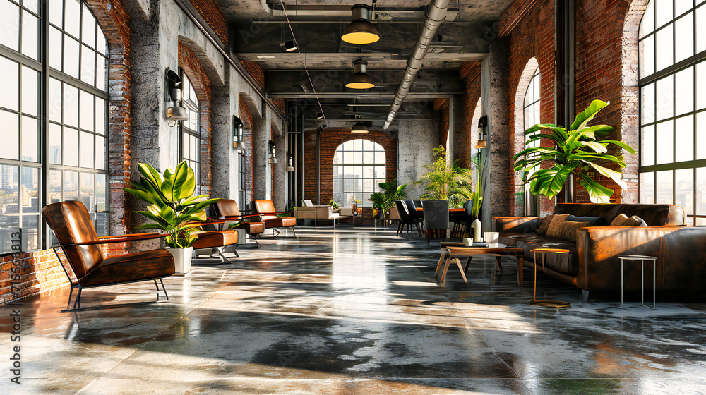 Wall mural industrial loft interior: an empty and modern industrial loft interior with brick walls, creating a 