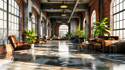 Industrial Loft Interior: An empty and modern industrial loft interior with brick walls, creating a stylish and urban atmosphere - obrazy, fototapety, plakaty