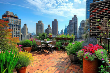 A Chic Rooftop Garden Amidst the Cityscape - obrazy, fototapety, plakaty