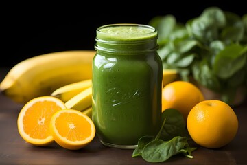 A vibrant green smoothie, packed with nutrient-rich spinach, kale, and tropical fruits, served in a mason jar.