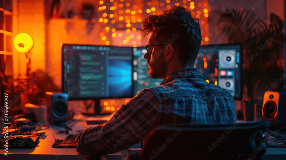 Poster digital workspace: a serious young male computer programmer working alone at his office desk, surrou
