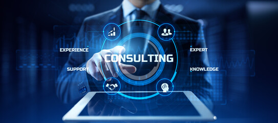 Fototapeta na wymiar Consulting service business concept. Businessman pressing button on screen.
