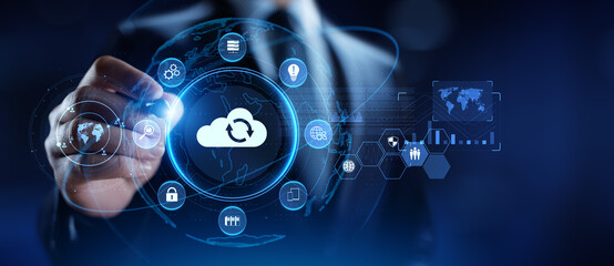 Cloud technology networking processing data storage. Businessman pressing button on screen.