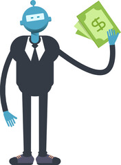 Robot Worker Character Holding Dollar Banknotes

