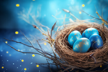 Easter background with Easter eggs in bird nest on blue background
