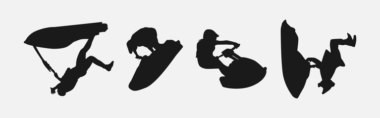 jet ski silhouette collection set. sport, race, vehicle, vacation concept. different action, pose. monochrome vector illustration. - obrazy, fototapety, plakaty