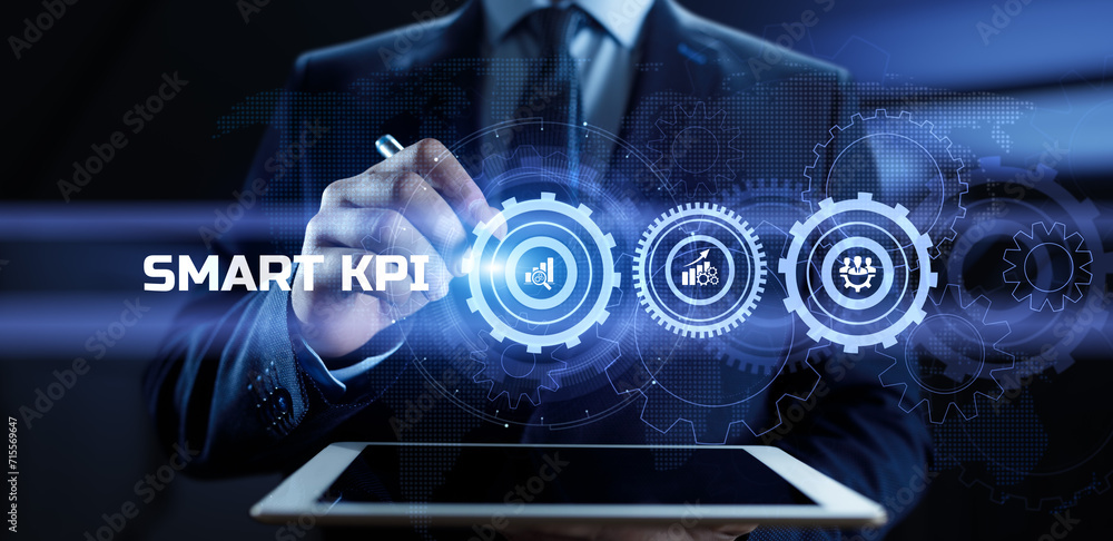 Poster smart kpi key performance indicator business technology concept on screen.