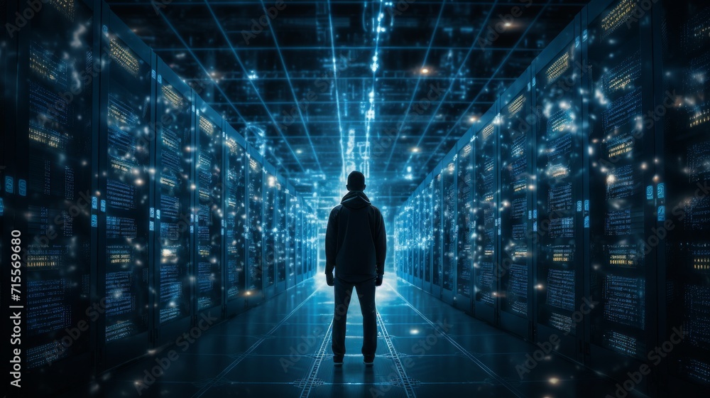 Poster silhouette of a male hacker in a server room. neural network ai generated art