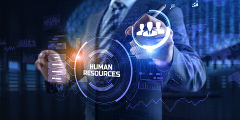 HR Human resources management Recruitment Headhunting. Businessman pressing button on screen.