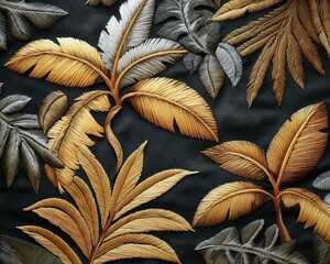 Golden Jungle Embroidery: Exquisite Full-Screen Floral Tapestry Design in White and Gold