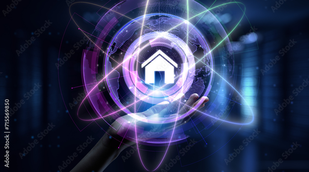 Poster smart home automation wireless control iot internet of things concept. hand pressing button.