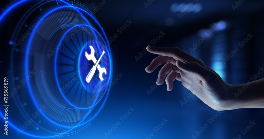 Poster technical support customer service guarantee quality assurance. hand pressing button on virtual scre