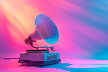 A minimalist summer surrealism concept art featuring a vintage gramophone bathed in the enchanting glow of vibrant bold gradient purple and blue holographic color lights.