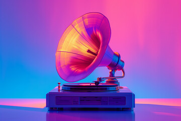 A minimalist summer surrealism concept art featuring a vintage gramophone bathed in the enchanting glow of vibrant bold gradient purple and blue holographic color lights.