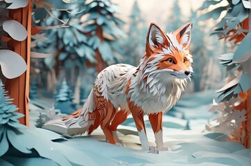 Fox under snowflakes at the winter forest. 3D paper style illustration. Concept for greeting post cards, New Year and Christmas, calendars, stickers, animal protection. AI generated