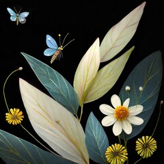 Bioluminescent Floral Harmony: 3D Pastel Collage on a Black Background