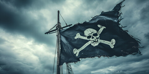 Pirate flag with skull and bones waving in the wind, cloudy sky background, jolly roger symbol, dark mysterious hacker and robber concept,