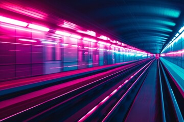 Fototapeta na wymiar Blurred fast underground subway train racing through the tunnels. Neon pink and blue light